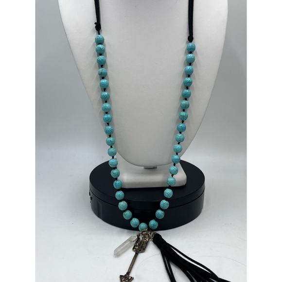 Jane Marie Hand Knotted Black leather Tassel Blue Faux Turquoise Arrow Pendant - Picture 7 of 15